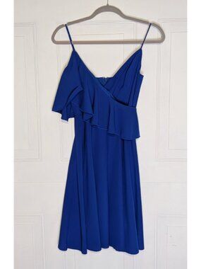 Dress Egreis XS blue strapless cold shoulder ruffle trim boning waste